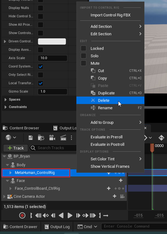  Deleting the control rig track