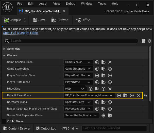 Editing the third person Game Mode to use the modified character Blueprint